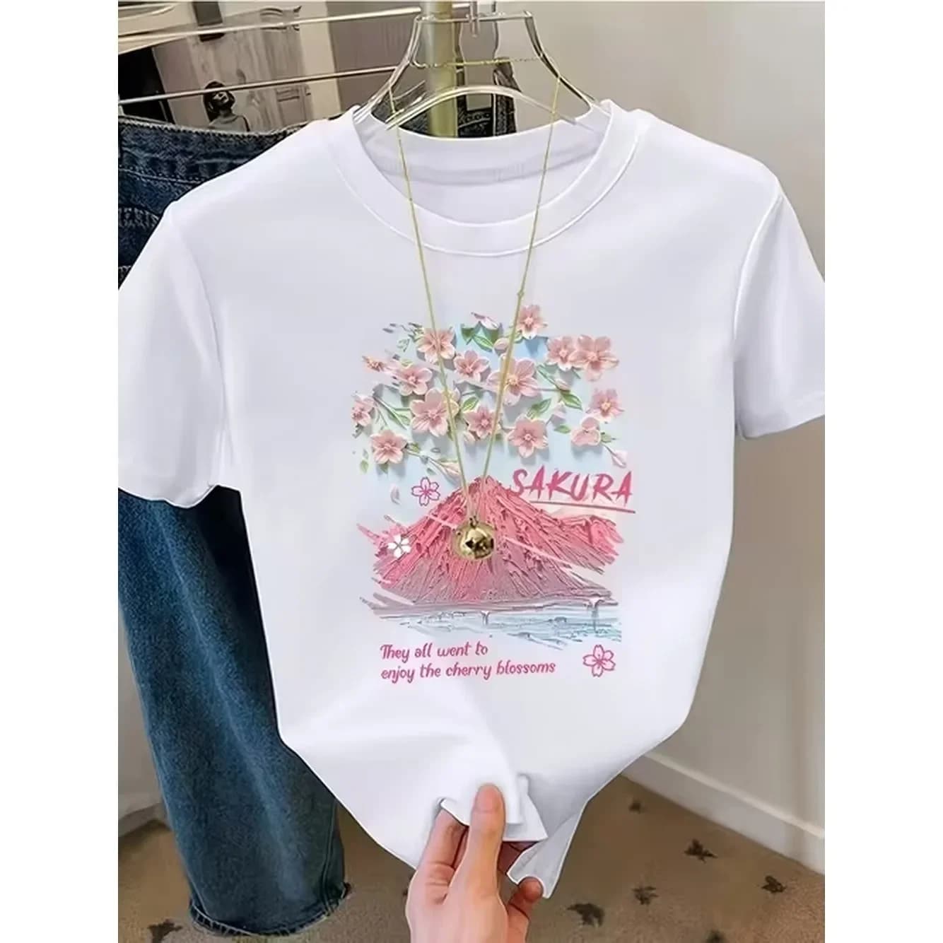 item picture womens sakura cherry print short sleeve t shirt all to see the cherry round neck blouse regular fit spring summer casual washable for japan outfits casual attire affordable