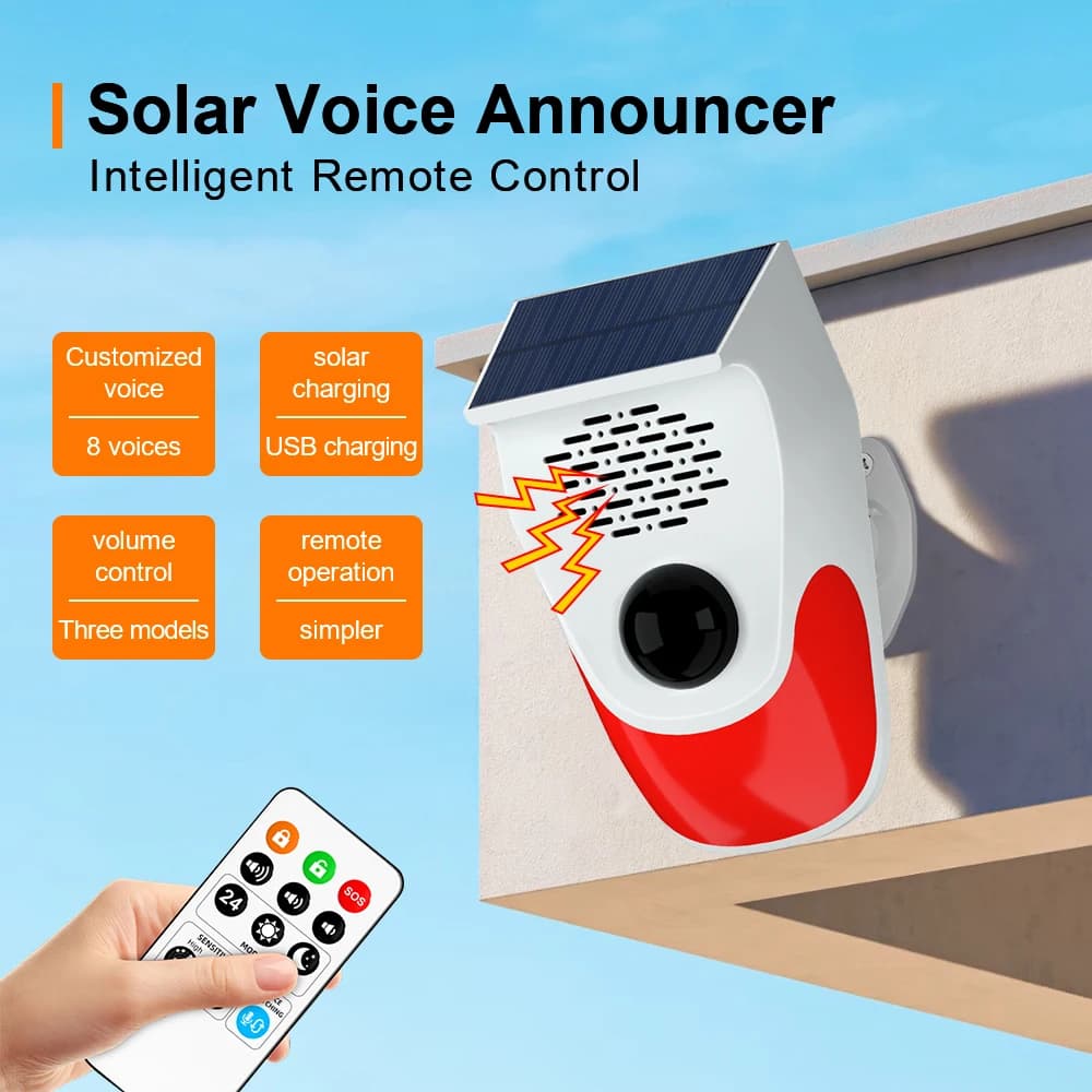 TAIBOAN Sensore di allarme di movimento a infrarossi solare con sirena da 120 dB Luce stroboscopica Annuncio vocale fai-da-te Sensore PIR esterno resistente alle intemperie