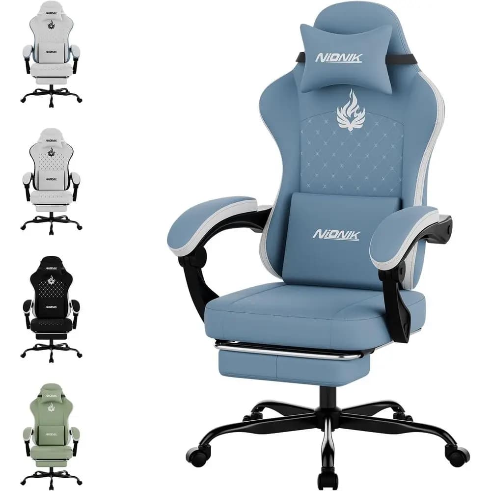 Sedia da Gaming Ergonomica con Schienale Alto, Poggiapiedi, Supporto Lombare e Massaggio in Blu e Bianco