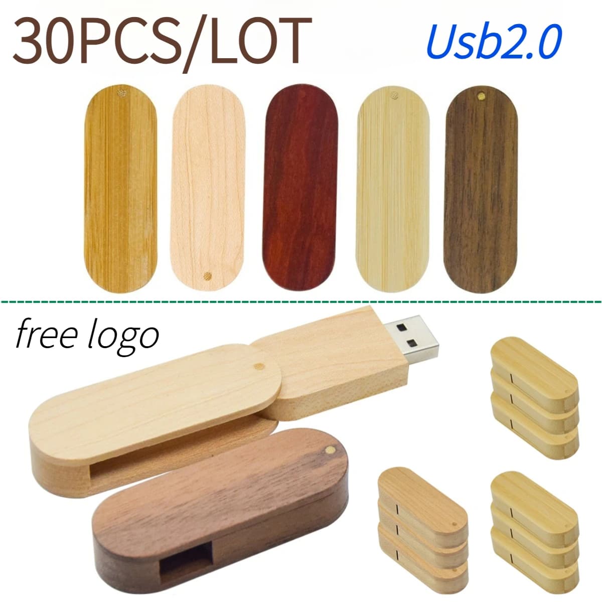 30 pz/lotto Chiavetta USB in legno personalizzabile con LOGO, ideale per regali aziendali e matrimoni, 4GB 8GB 16GB 32GB 64GB USB 2.0