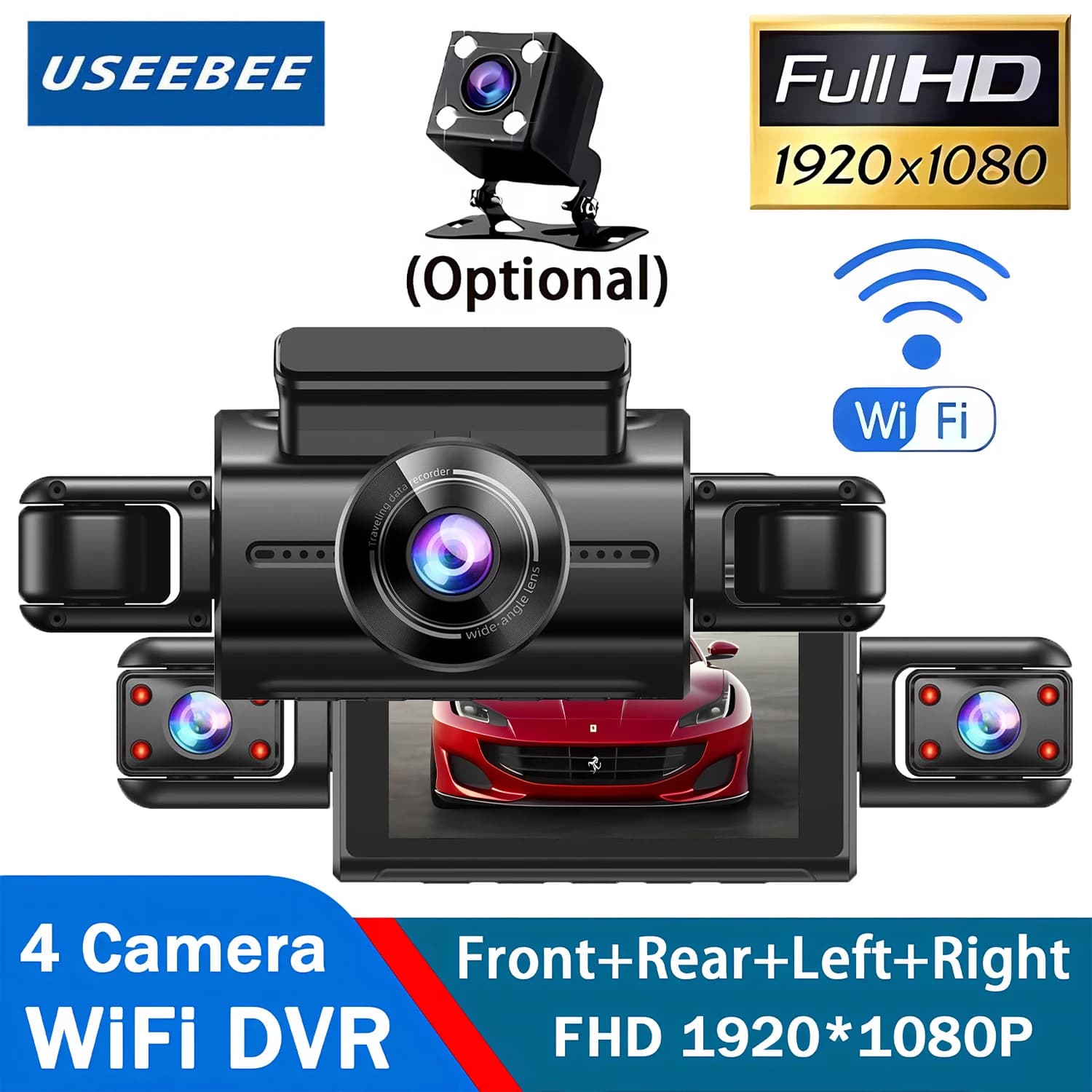 Dash Cam 360 Gradi con 4 Telecamere, DVR Auto WiFi HD 1080P, Registratore Video a 4 Canali, Visione Notturna Anteriore e Posteriore, Scatola Nera DVR per Auto