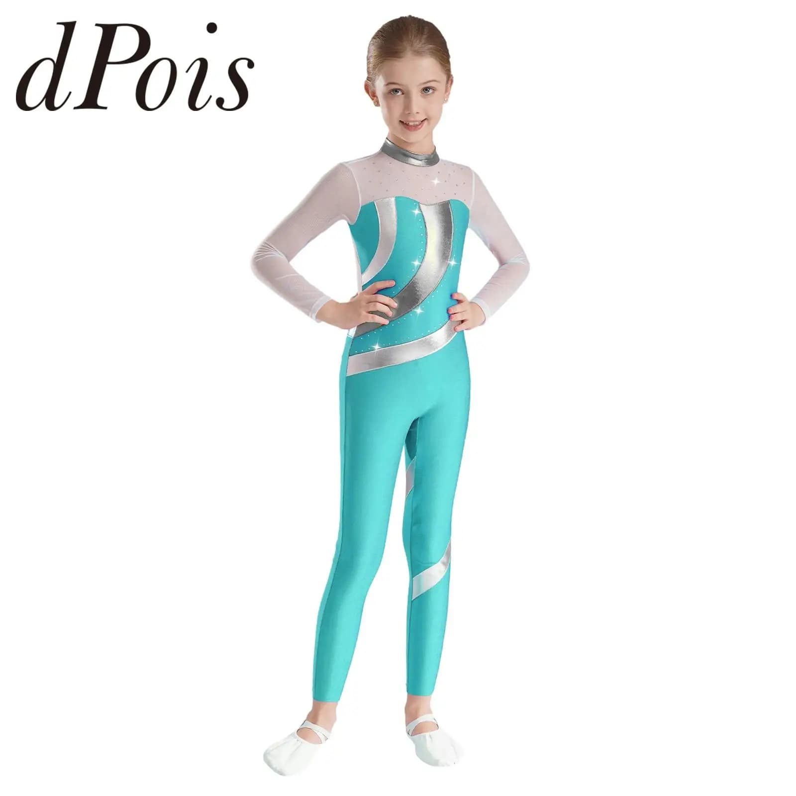 Metallic yoga suit for girl, long sleeve ballet leotard with patchwork in transparent mesh for body gymnastics and figure skating