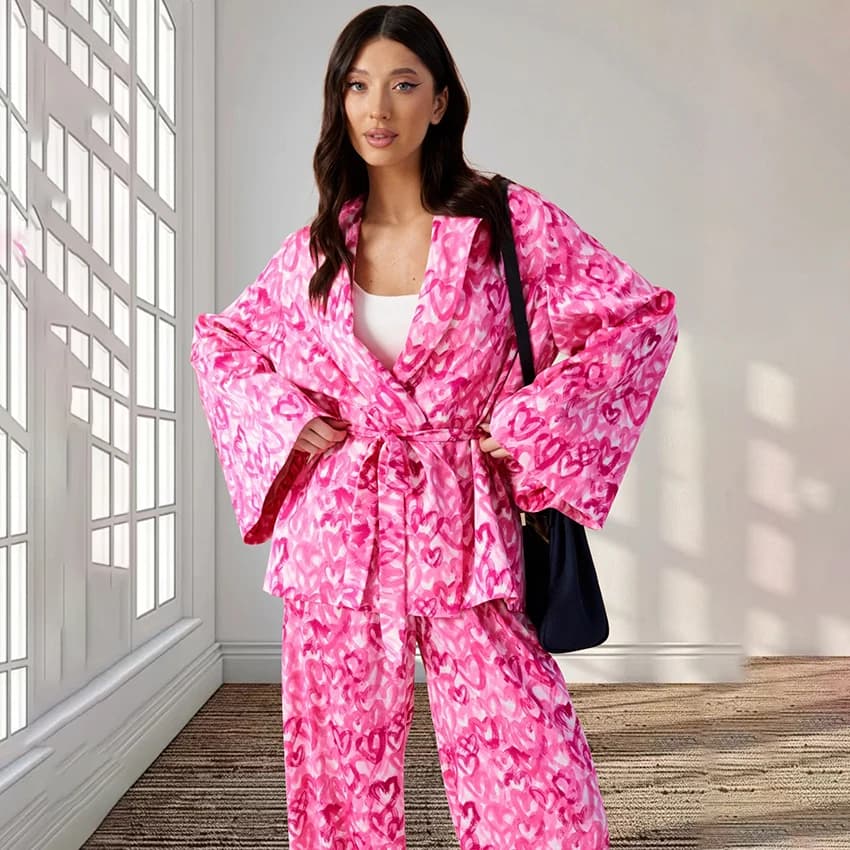 Pigiama da donna Hiloc 2026: Nuovo elegante set stampato a maniche lunghe, morbido e comodo, con pantaloni lunghi, 2 pezzi, casual