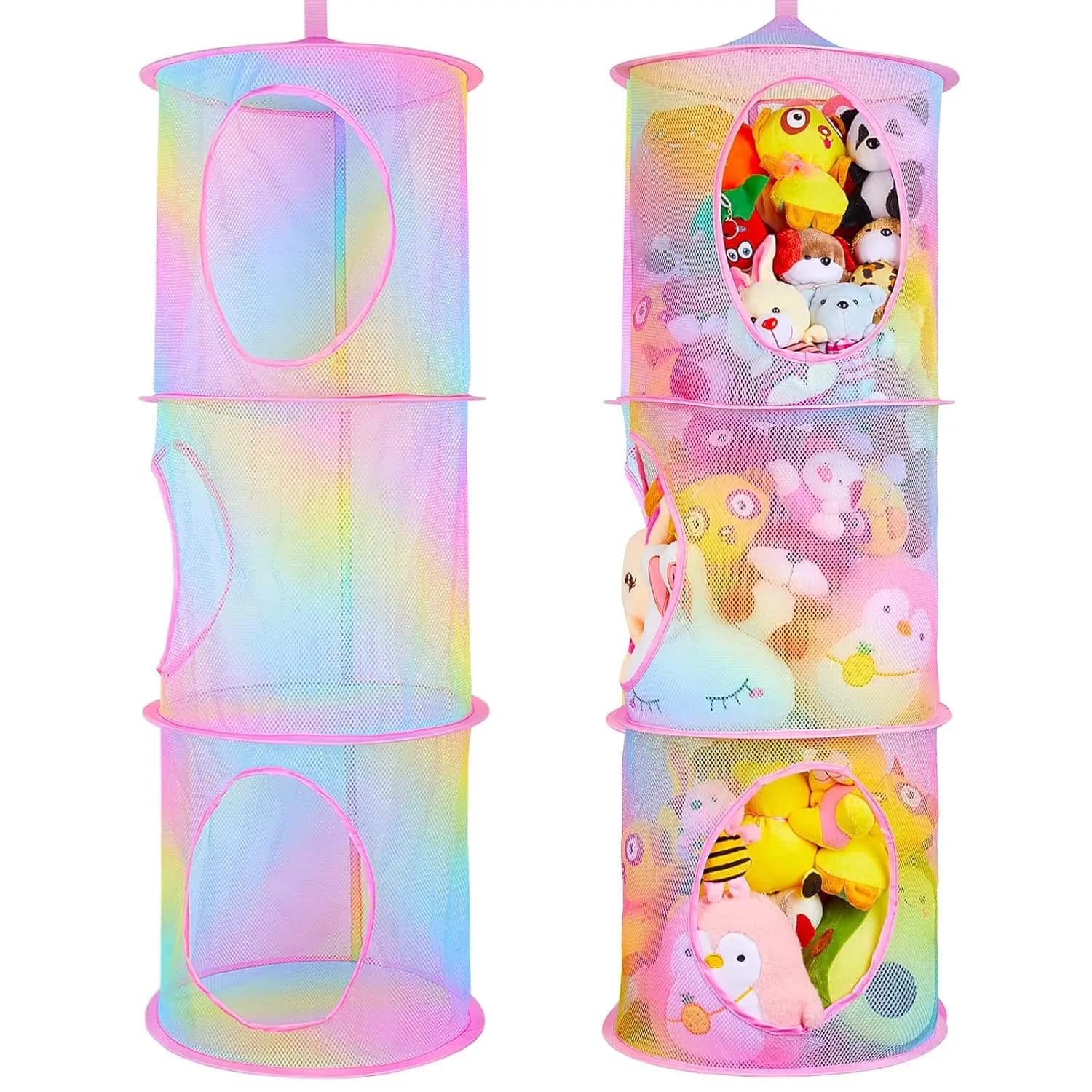 2 Pezzi Rete Portaoggetti per Peluche, Amaca per Organizzare Giocattoli, Decorazione per Cameretta Bambini, Arcobaleno, 3 Livelli