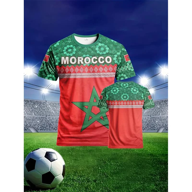 Moroccan Football Jersey Men's T-shirt Fashionable 3D Street Style Summer Casual Sports Mesh Breathable Men's Clothing
