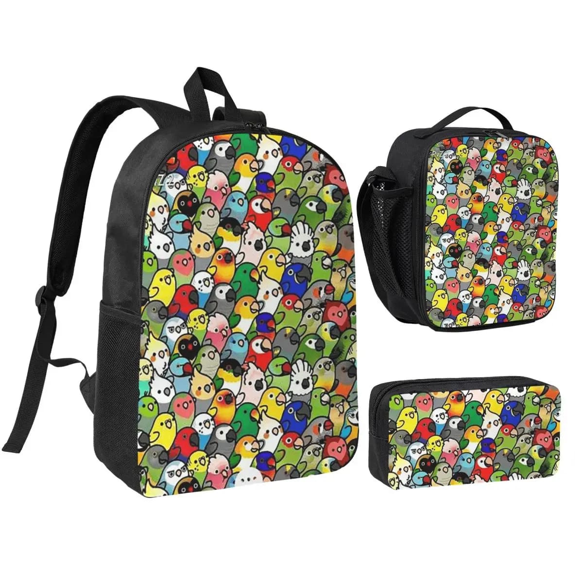 Birds Cockatiel Budgie Parrot Backpack Student BookBag School Bag Shoulder Bags 3ps Insulated Lunch Bag Pencil Case