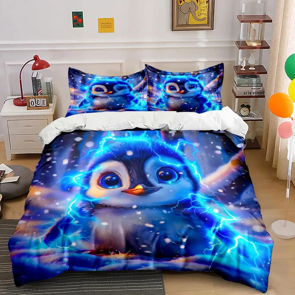 Set di biancheria da letto con copripiumino morbido e confortevole, motivo pinguino elettrico, include 1 copripiumino e 2 federe, idea regalo