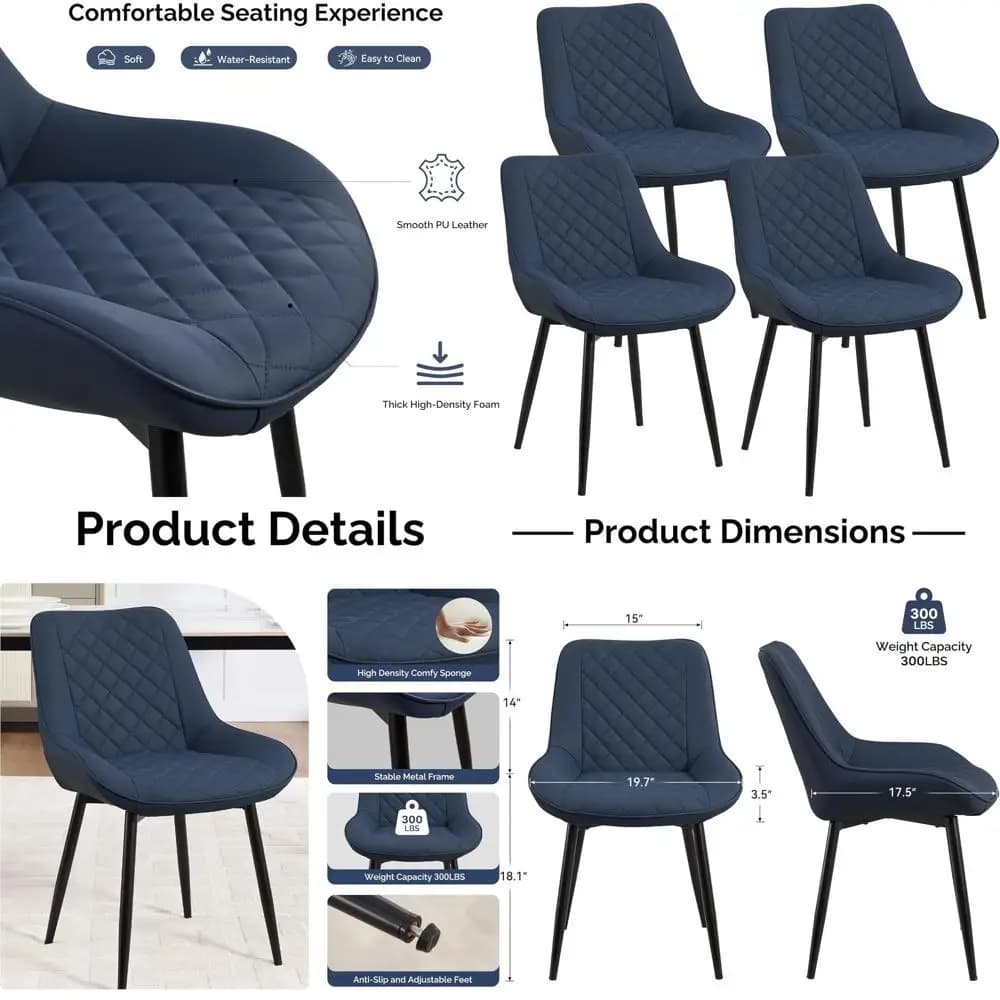 Set di 4 Sedie da Pranzo Ergonomiche con Cuscini Spessi, Rivestimento in Ecopelle, Gambe in Metallo Regolabili per Cucina o Sala da Pranzo