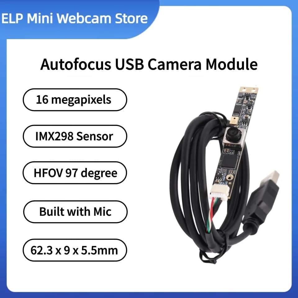 Telecamera USB ELP 16MP con autofocus, mini webcam industriale UVC 62,3x9x7mm con obiettivo grandangolare a 100 gradi senza distorsioni per la scansione di documenti