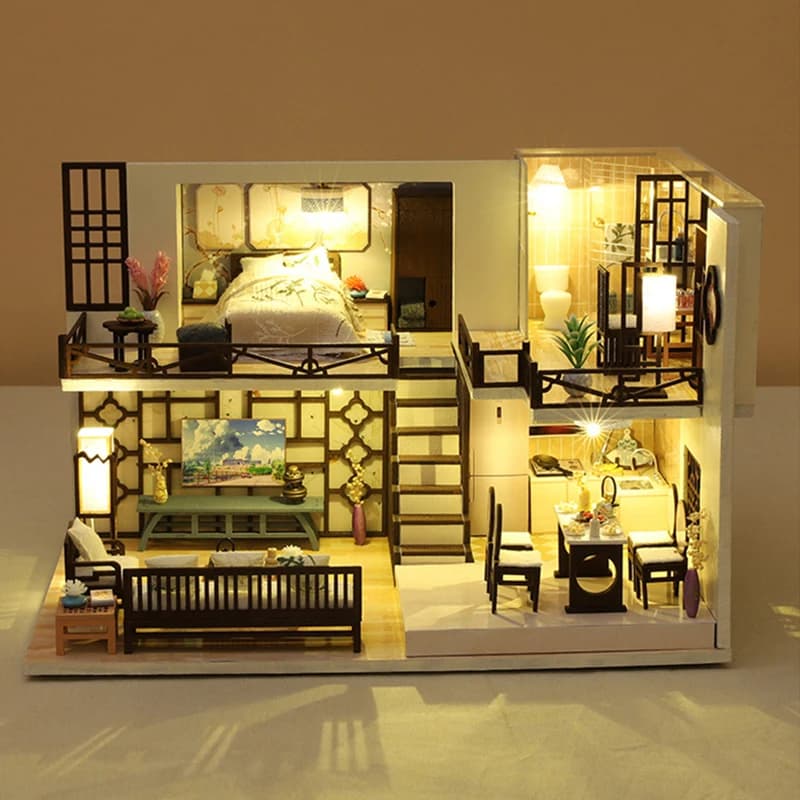 DIY Wooden Miniature Model Kit Japanese Casa Doll Houses Assembled Dollhouses With Furniture Home Decor Friends Birthday Gifts