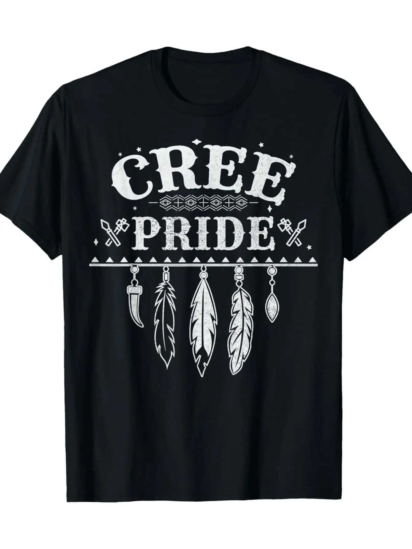 Men's Cree Pride Graphic T-shirt - with White Feathers and Dream Catcher Design, Firm "CREEE PRIDE" Text Casual T-shirt