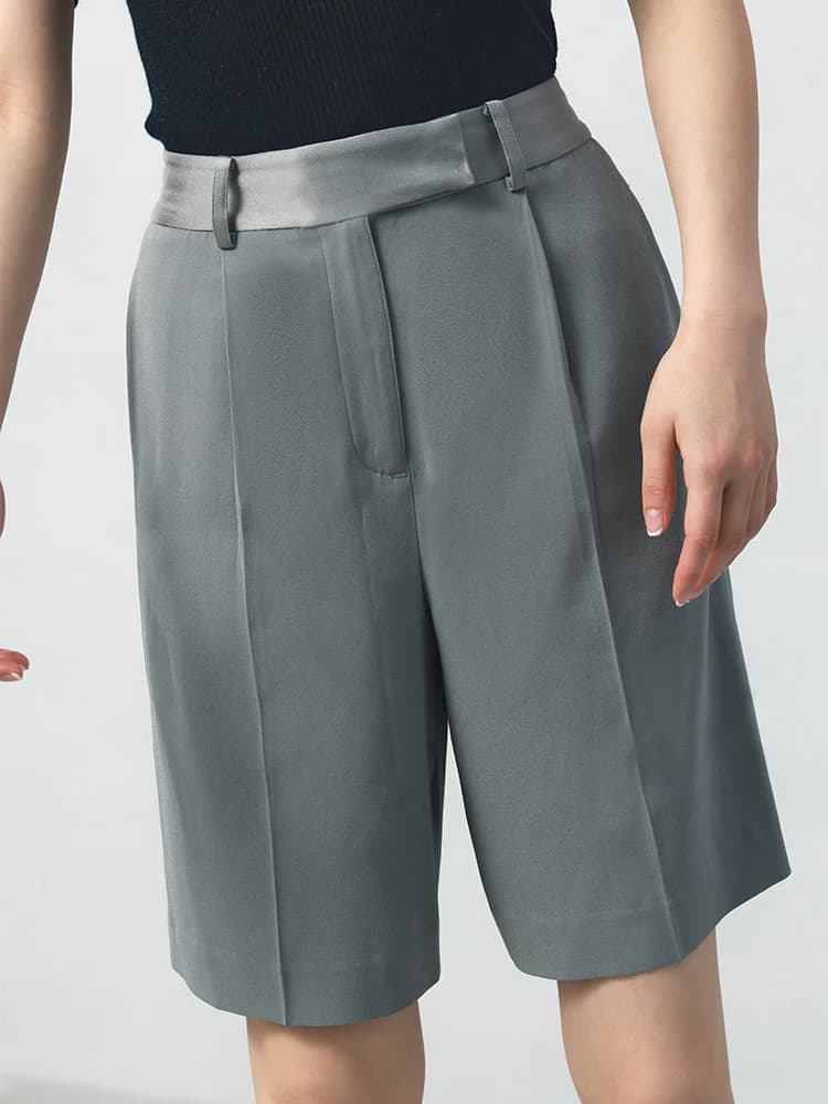 WinnieTang Bermuda Casual a Vita Media Alta, Pantaloni a Gamba Dritta a Cinque Quarti Modellanti, Stile Pendolare, Plissettati in Triacetato