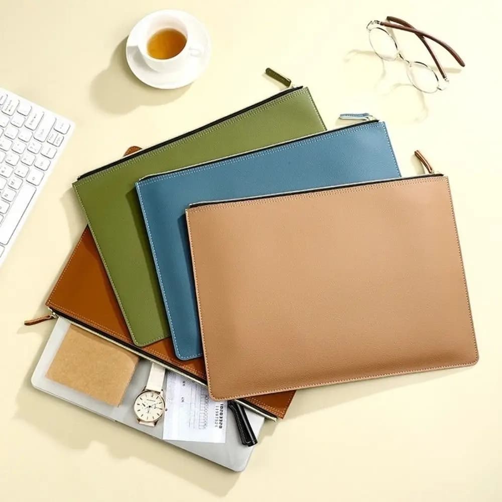 Fashion PU Leather A4 File Folder Zipper Bag Waterproof Document Bag Large Capacity High-grade File Storage Clip Conference
