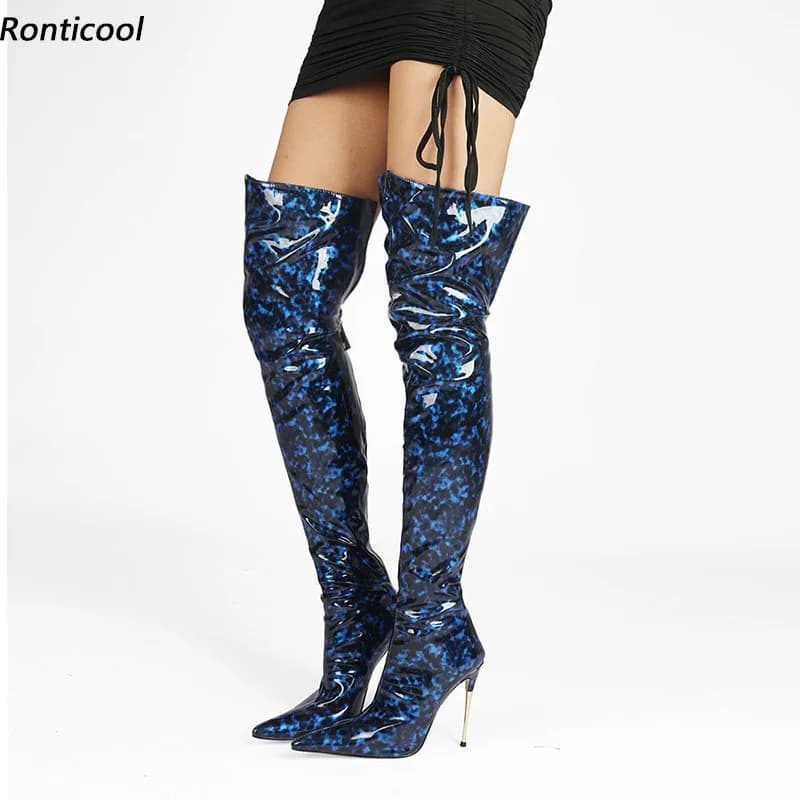 Ronticool Handmade Women Winter Over The Knee Shiny Boots Sexy Stiletto Metal Heels Pointed Toe Blue Grey Shoes Us Size 5-15