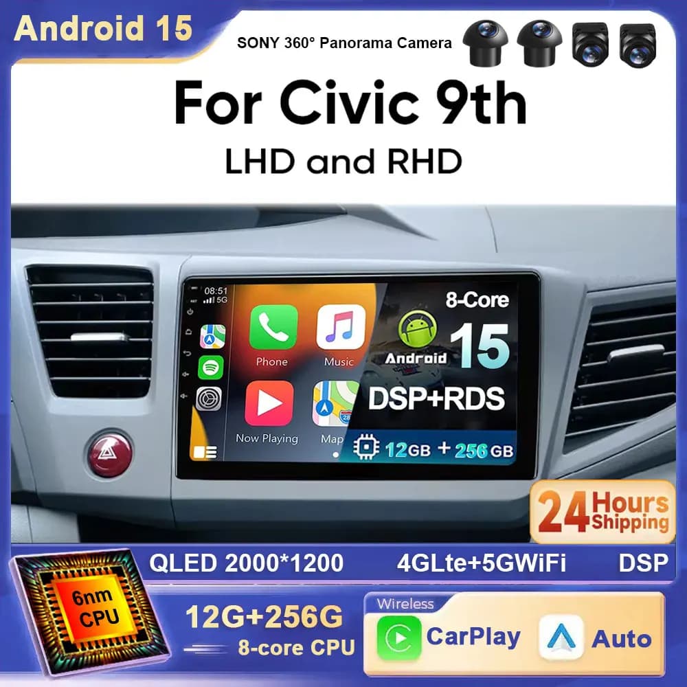 Auto gioca Per Honda Civic 9 2012 2013 2014 Android 15 Auto Stereo Radio Multimediale Senza Fili Android Auto 2 din GPS DSP WIFI
