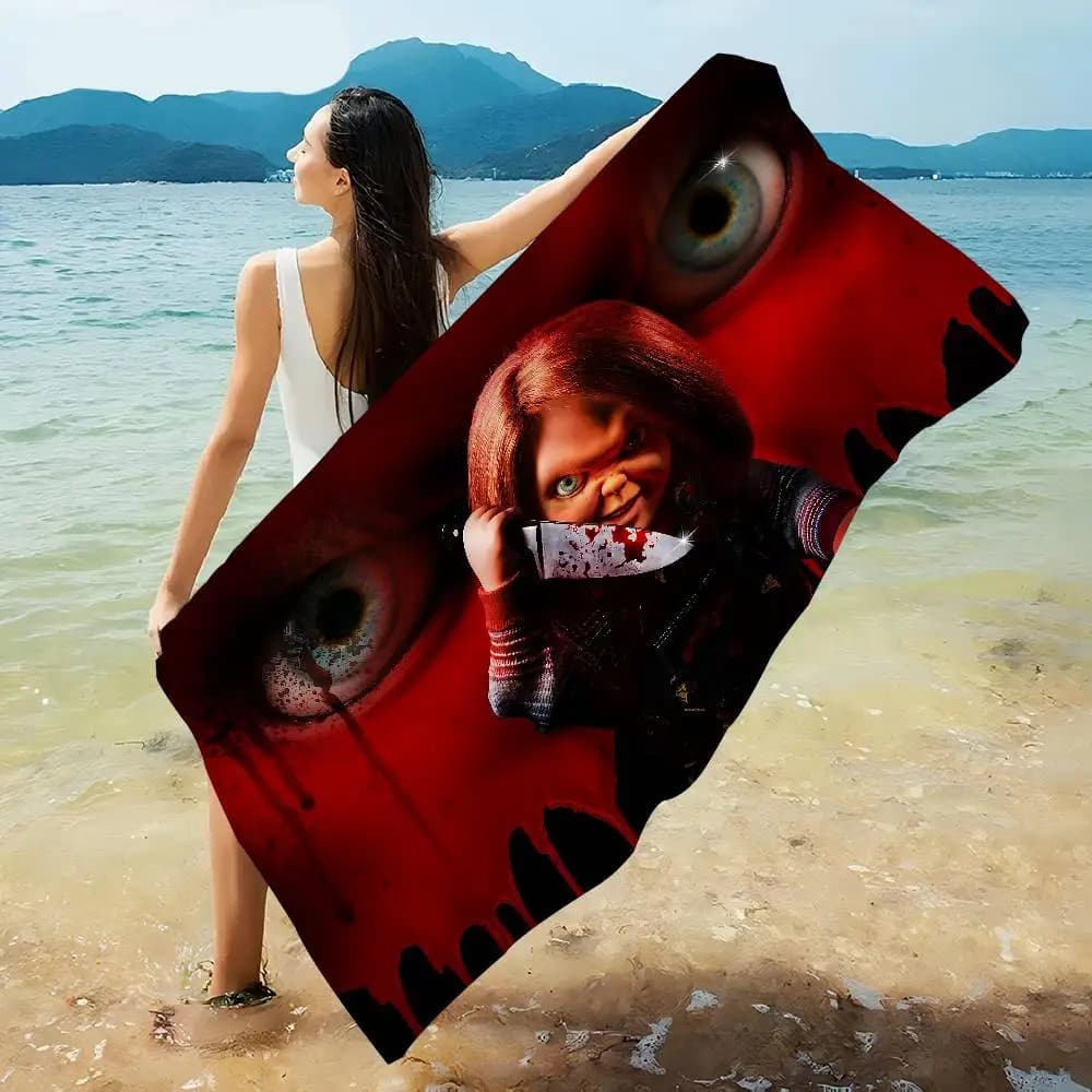 Asciugamano da spiaggia classico con personaggi del film horror Chucky, morbido e assorbente, regalo per bambini, per viaggi, campeggio, palestra