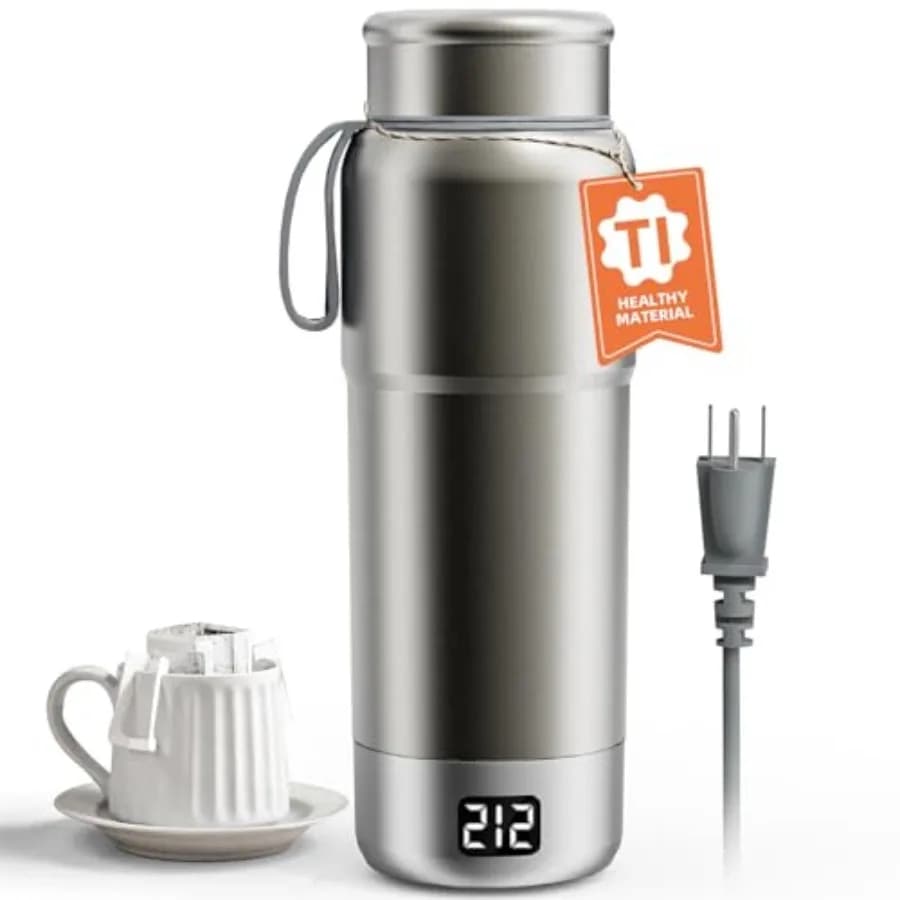 Bollitore da Viaggio in Titanio Puro 380ML, Bollitore Elettrico Portatile con 12 Impostazioni di Temperatura, Doppio Voltaggio 100-240V, Controllo della Temperatura, Ebollizione Rapida, Senza BPA