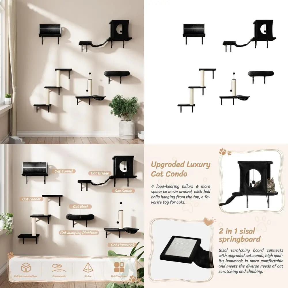 Set da 7 Pezzi per Gatti da Parete con Casetta, Tunnel, Ponte, Tiragraffi, Amaca e Mensole in Nero