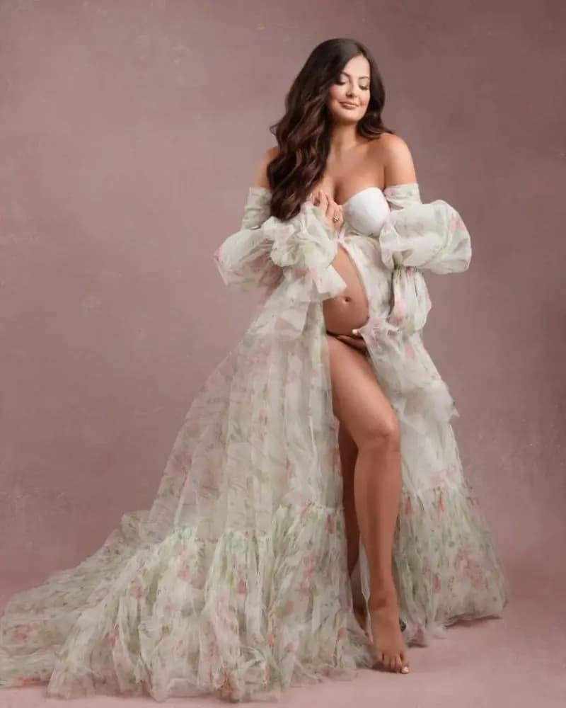 Abiti premaman romantici A Line per la fotografia Abiti da donna incinte stampati floreali con spalle scoperte Abiti da baby shower personalizzati