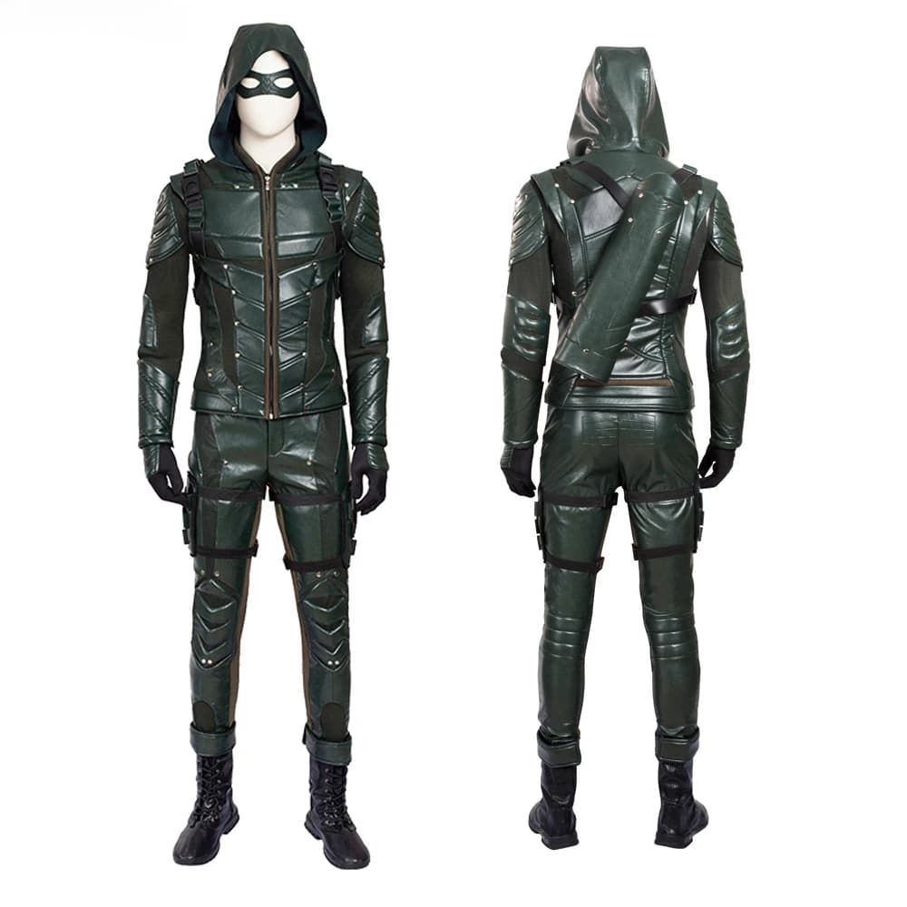 The Arrow Stagione 5 Green Arrow Costume Cosplay Oliver Queen Outfit Abito da battaglia in pelle da uomo con costumi di Halloween con faretra