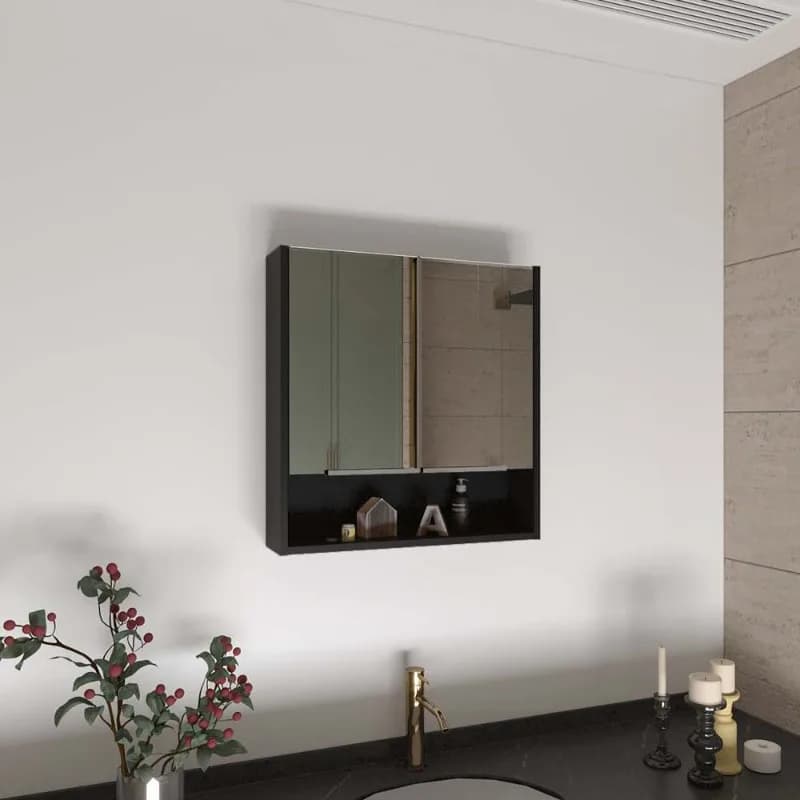 Armadietto dei medicinali da bagno nero con specchio da incasso a parete, organizer per articoli da toeletta e toelettatura
