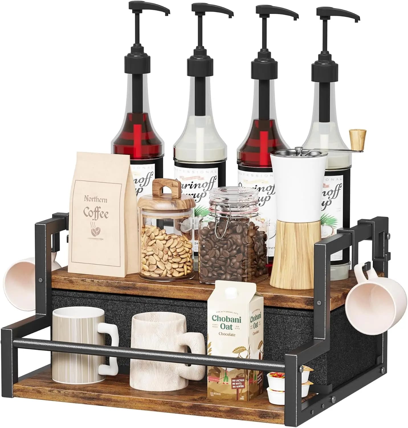 JINHomeiju Coffee Syrup Organizer Rack, 2-Tier Coffee Bar Accessories, Bottle Holder Stand with K Cup Storage Drawer for Coffee bar, Wine Rack, Storage Shelves for Syrup. (Rustic Brown)