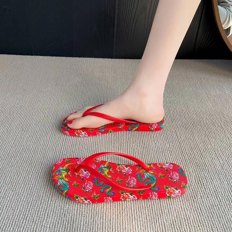 2026 Summer Anti Slip Couple Flip Flops Retro Floral Print Fashion Clip Toe Beach Slippers For Men Women Outdoor Wear
