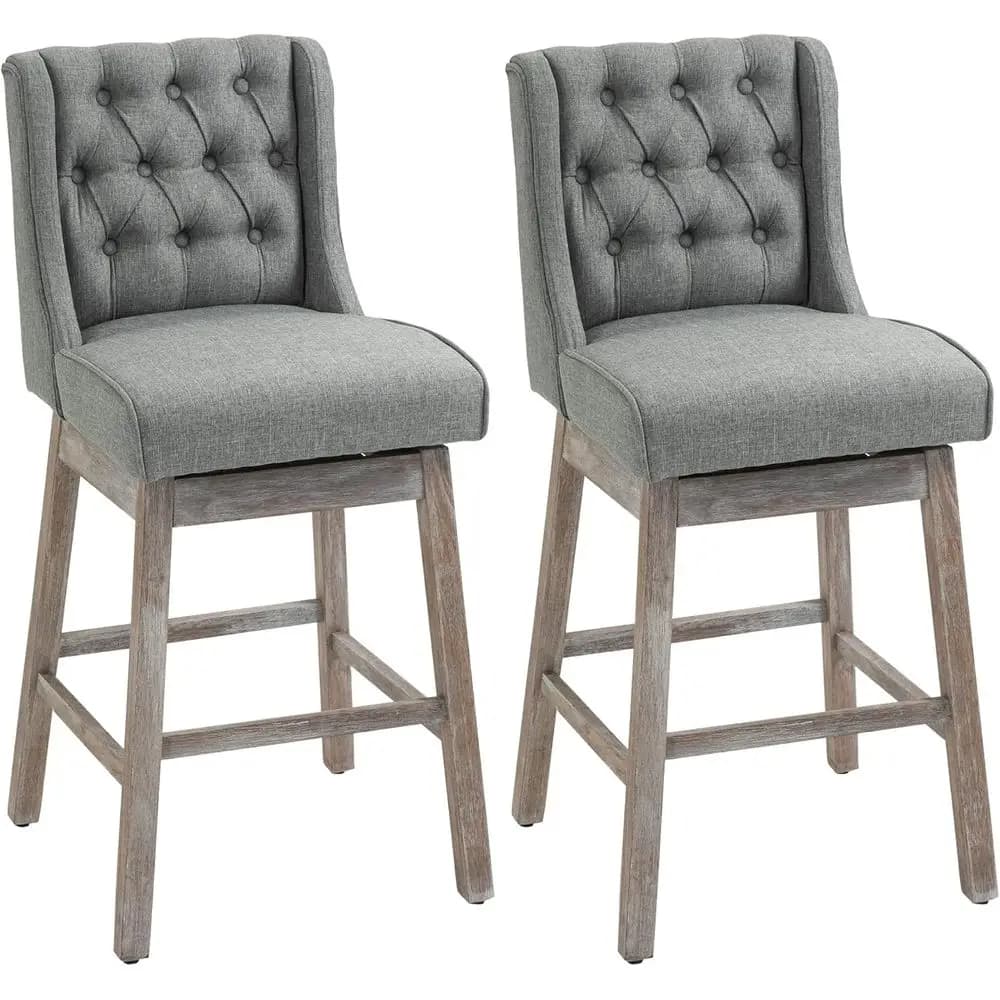 Set di 2 180 ° Sgabelli da Bar Girevoli con Poggiapiedi in Legno Massello, Design Trapuntato, Altezza Seduta 30 Pollici, Grigio, per Bar e Isola Cucina