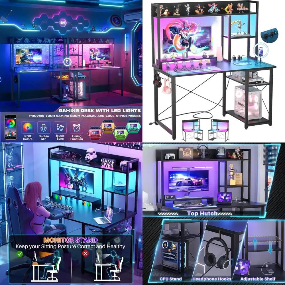 Gaming Desk Lighted LED with Current Grips, 5 Storage Shelves, Monitor Support for Restrooms, Black