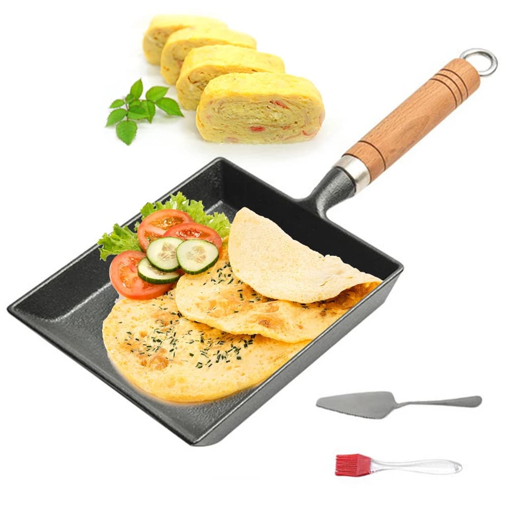 Egg Cast Iron Board with Wood Handle, Japanese Omelet Pan Anti-coating with Oil Brush and Pile for Camping and Picnic