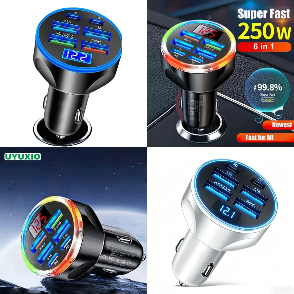 Nuovi Arrivi 2026: Caricabatterie da Auto USB Multi-Porta 2 PD 4 USB-A con Voltmetro, Adattatore per Ricarica Rapida con Display di Tensione