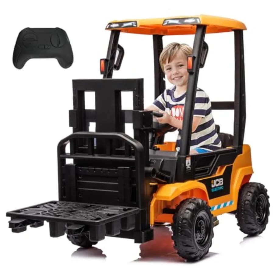 Carrello Elevatore Elettrico 12V per Bambini con Tenda, Giallo, Giocattolo Cavalcabile con Sollevamento Pallet e Telecomando, Veicolo da Cantiere
