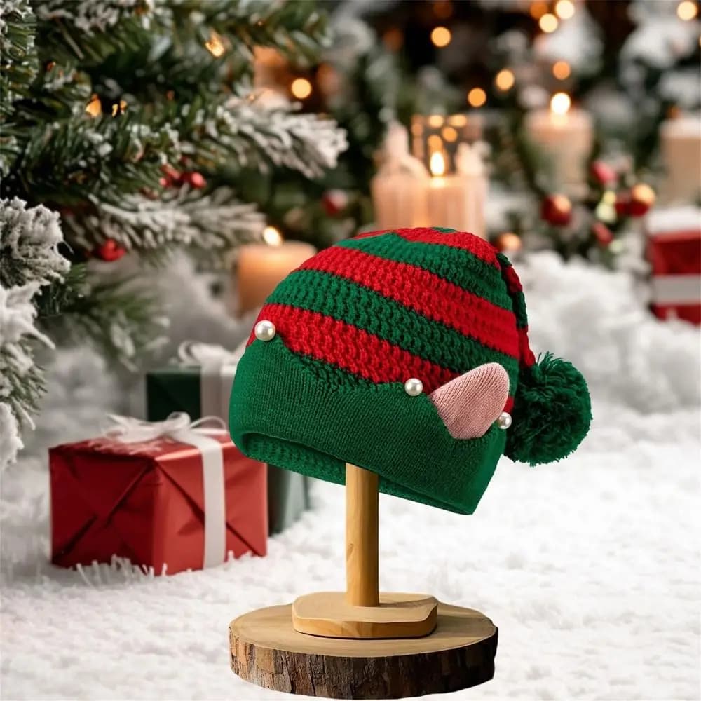 Striped Pattern Christmas Hat Jacquard Knitted Xmas Cap with Small Ears Wool Ball Knitted Hat Christmas Party Supplies