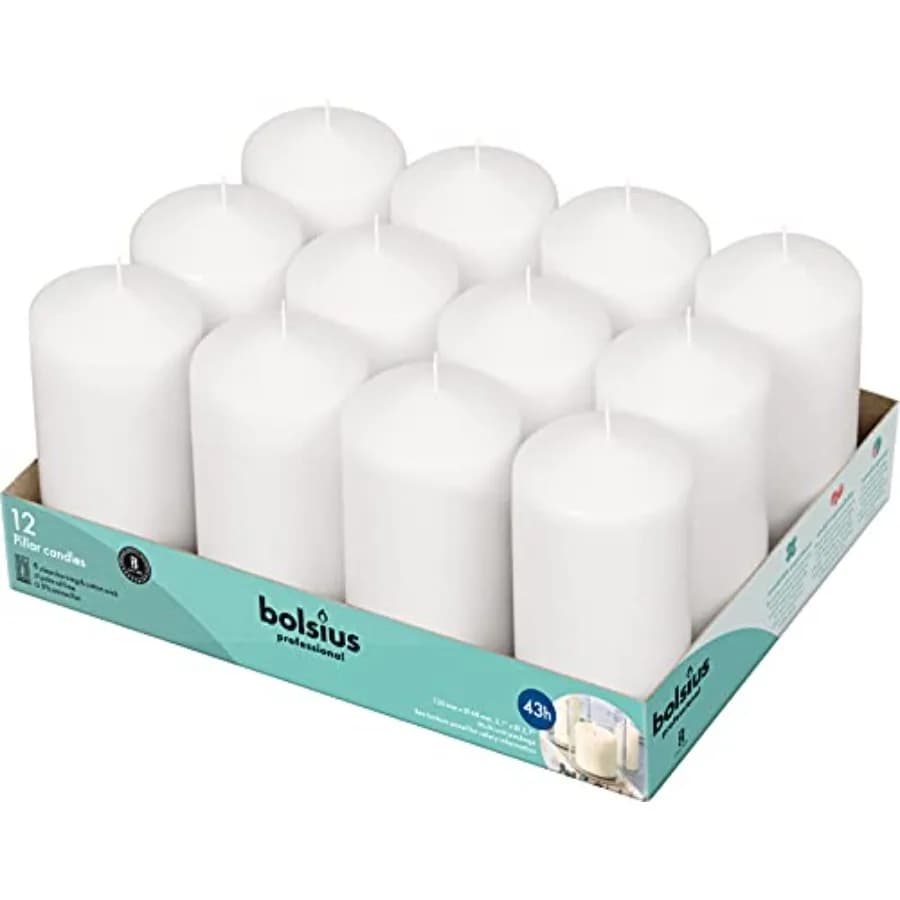 Set di 12 Candele Bianche a Colonna - Senza Profumo - 43 Ore di Durata - Combustione Pulita Senza Gocce e Senza Fumo - Perfette per Matrimoni