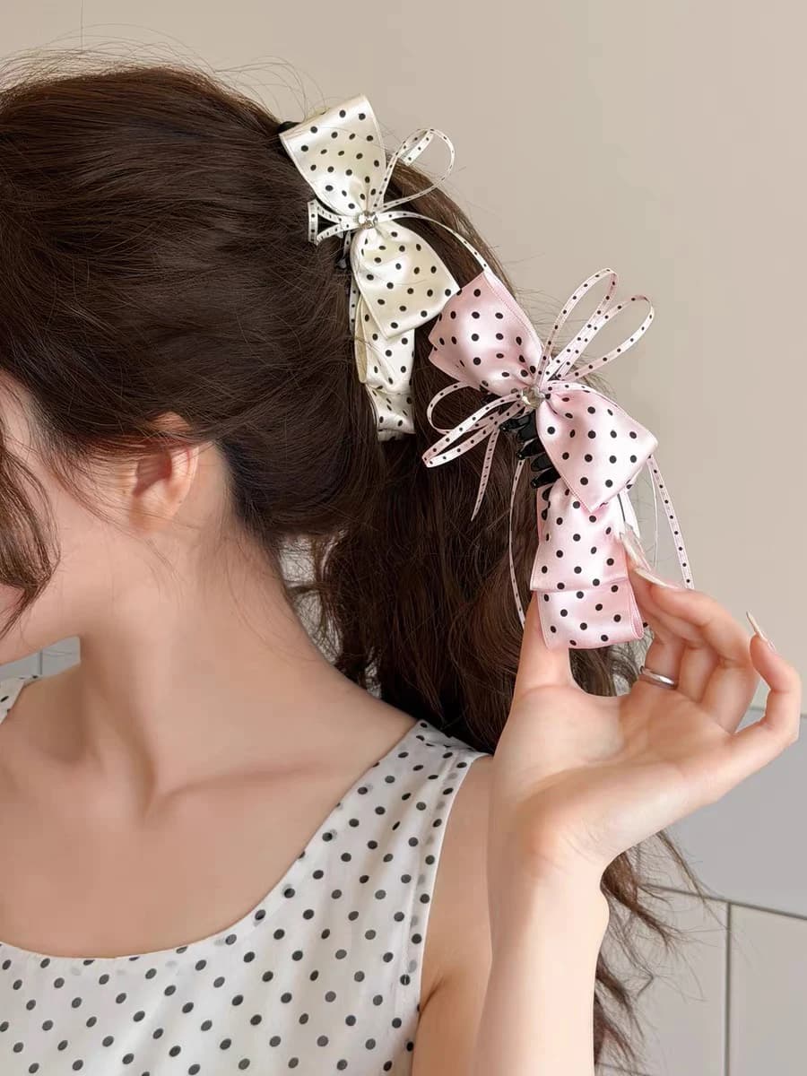 1 pz Elegante Fermaglio a Fiocco a Pois per Capelli, per Donne e Ragazze, Fermacoda Alto, Mollette e Accessori Moda per Capelli