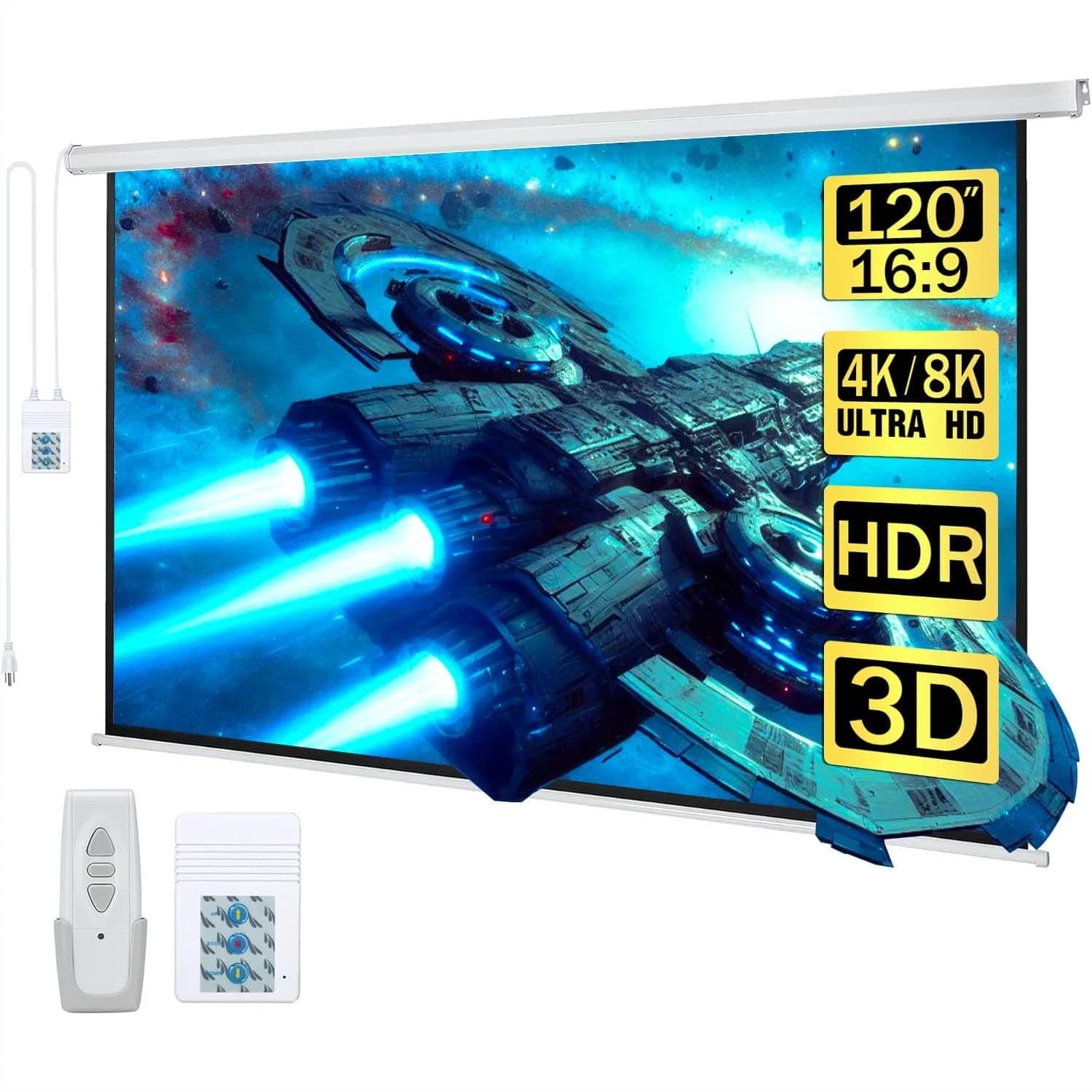 Schermo per Proiettore Motorizzato 120" Diagonale Elettrico 16:9 HD per Home Theater, Educazione, Esterni, Telecomando Wireless