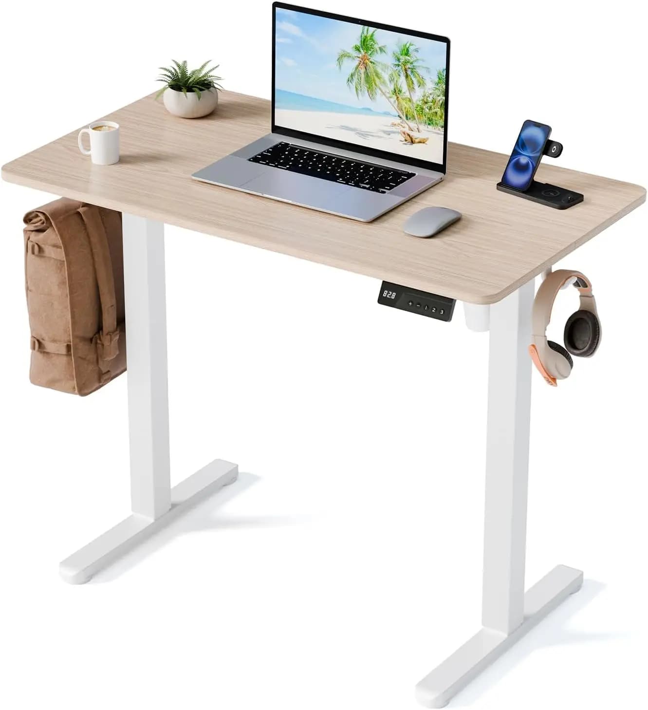 35" Electric Standing Desk Adjustable Height, Small Sit Stand Desk for Home Office, Compact Workstation with Cable Management, Light Walnut