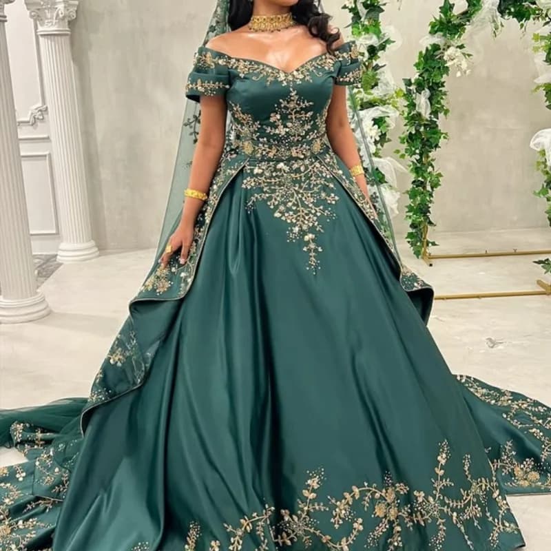 Satin dark green Quinceanera Dress off-shoulder glitter flower decal Bow vestidos de 15 Quinceanera Customize