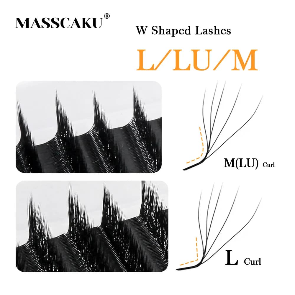 MASSCAKU L LU M Curl YY/W Shape Extension Eyelashes Soft and light Fibres of fake minks Thickness 0.07 mm 8-15 mm Appearance natural volume