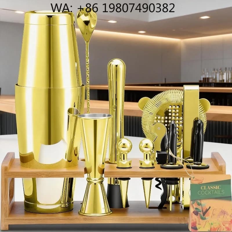 Gold Plated Luxury Bar Mixology Set, 14Pcs Stainless Steel Boston Cocktail Shaker Full Bartender Tools With Bamboo Storage Stand