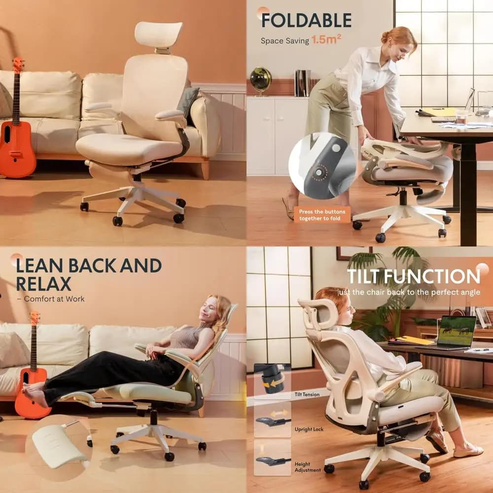 Sedia da Ufficio Ergonomica per Spazi Ristretti con Supporto Lombare, Braccioli Regolabili, Reclinazione 3D, Ideale per Lavoro da Scrivania o Gaming (Cre