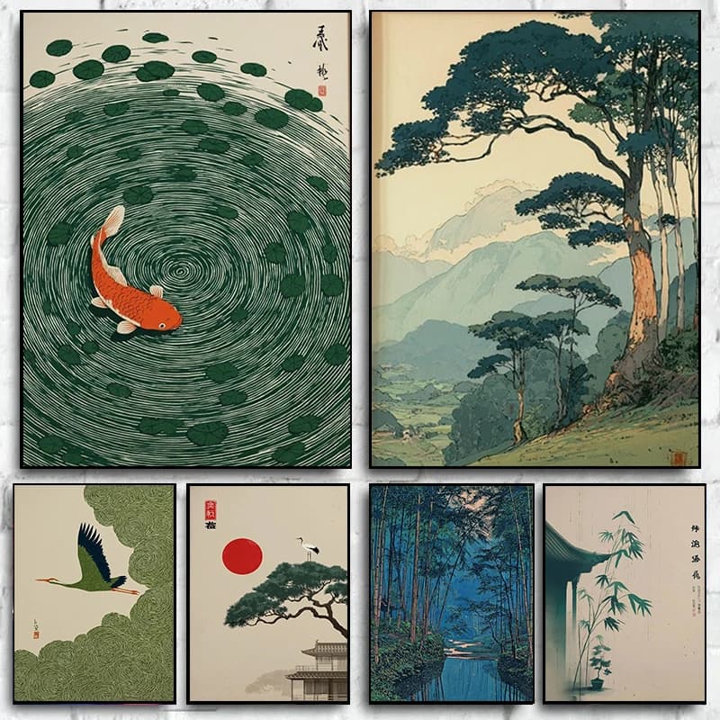 Retro Japanese Koi & Tree Canvas Wall Art Printing Unframed Abstract Japanese Home Decoration Living Room Bedroom Wall Art Decor
