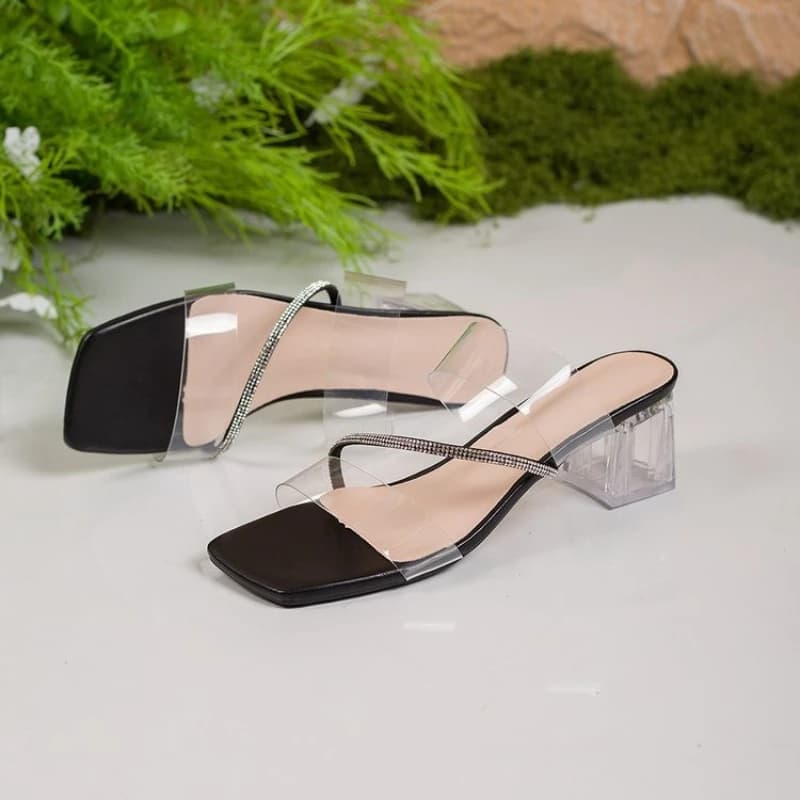 Pantofole con tacco a spillo con cinturino trasparente Punta quadrata alla moda Punta aperta con cinturino in strass Sandali con tacco a forma di gattino antiscivolo resistenti all'usura