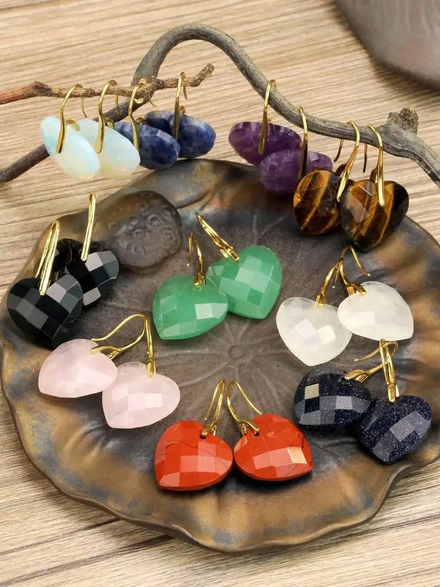 20mm Faceted Heart Shaped Natural Stone Earrings For Women