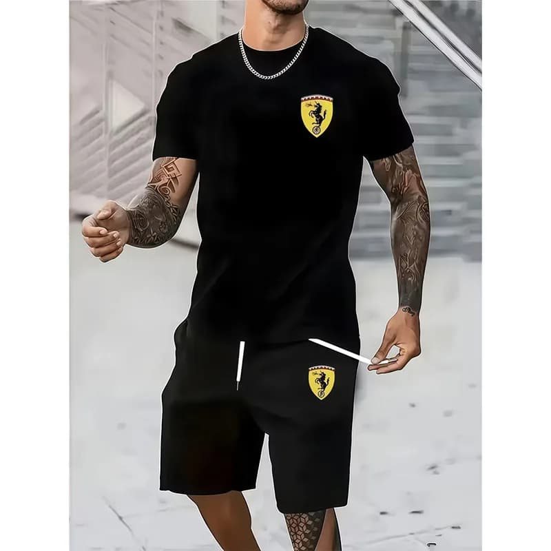 Completo sportivo estivo da uomo a maniche corte, comodo completo casual da uomo con t-shirt a girocollo e pantaloncini, set due pezzi.