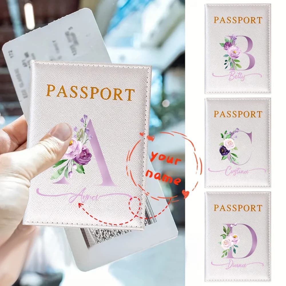 Set Porta Passaporto in PU con Iniziali in Inglese e Fiori Personalizzati, Portafoglio da Viaggio Ultra Sottile