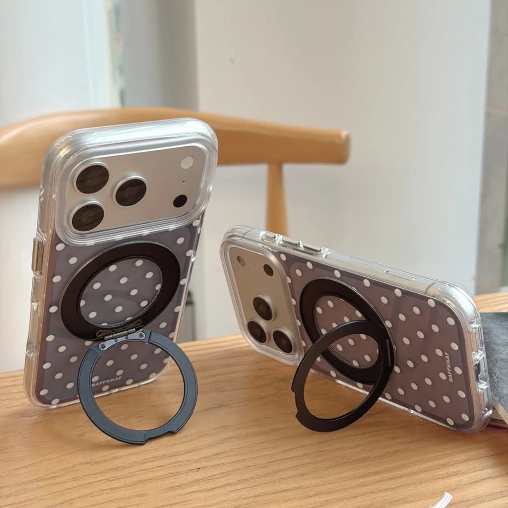 Minimalista Trasparente Nero a Pois 360 ° Custodia Protettiva Antiurto con Supporto Integrato Girevole per iPhone 17 16 15 Pro Max