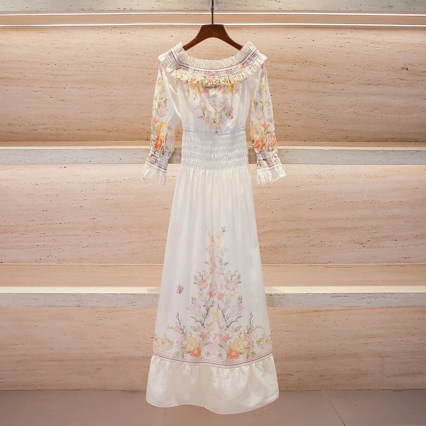 Summer Holiday Gorgeous Flower Long Dress Women's Slash Neck Off Shoulder Lantern Sleeve High Elastic Waist Beach Party Vestidos