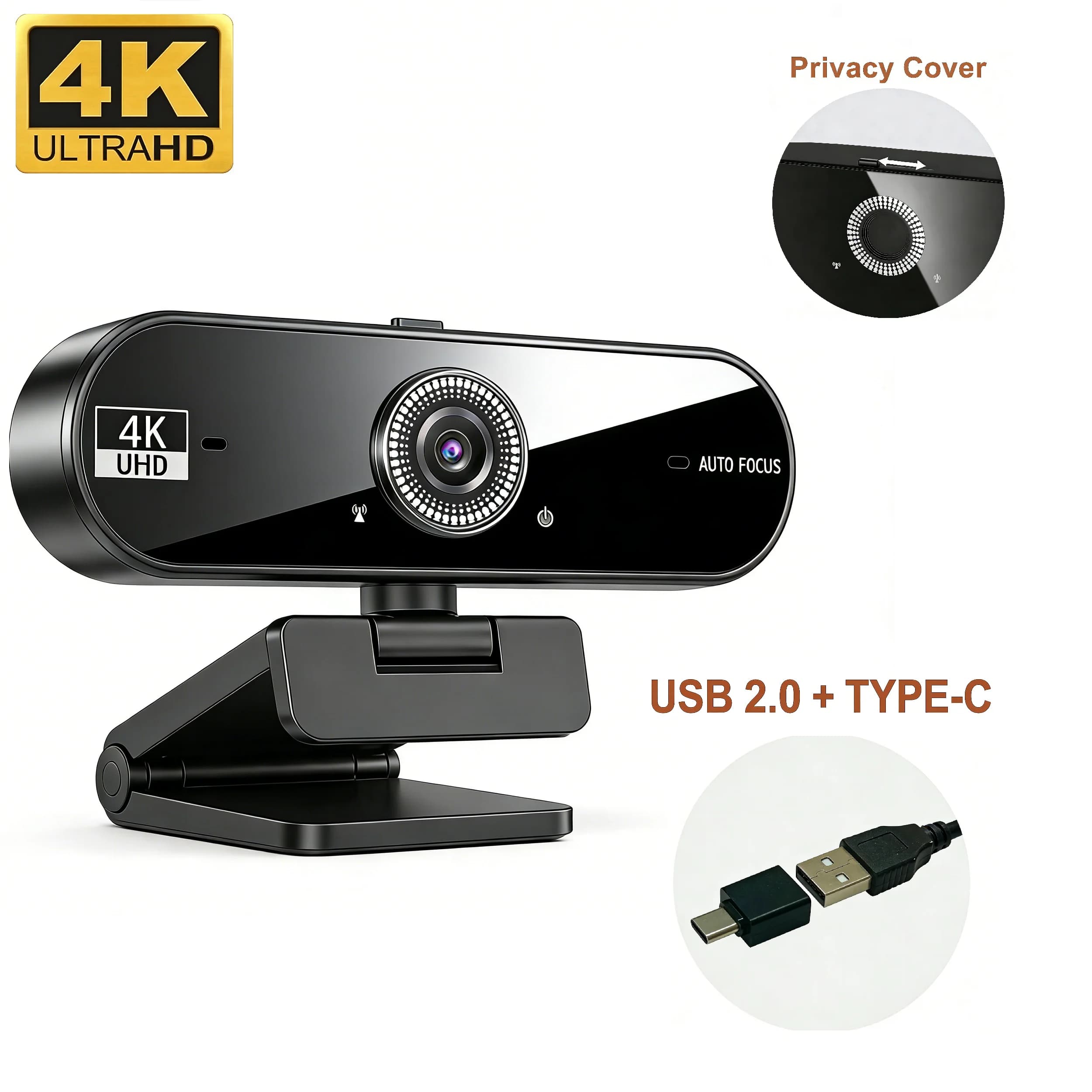 Webcam 4K for PC 30fps with Autofocus, Microphone with Reduction of Noise, Privacy Cover, Automatic Exhibition, USB 2.0 Type-C Adapter