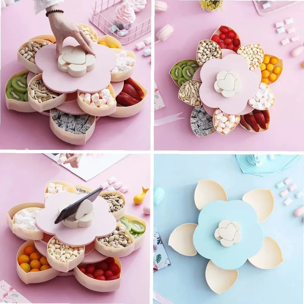 Scatola Girevole a Forma di Petalo per Caramelle, Contenitore per Snack e Frutta, Piatto a Due Livelli per Frutta Secca, Organizzatore da Cucina